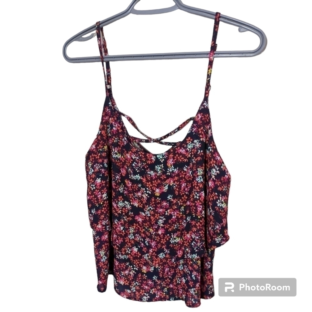 Charlotte Russe Floral‎ Ruffle Tank Top Navy Sz M